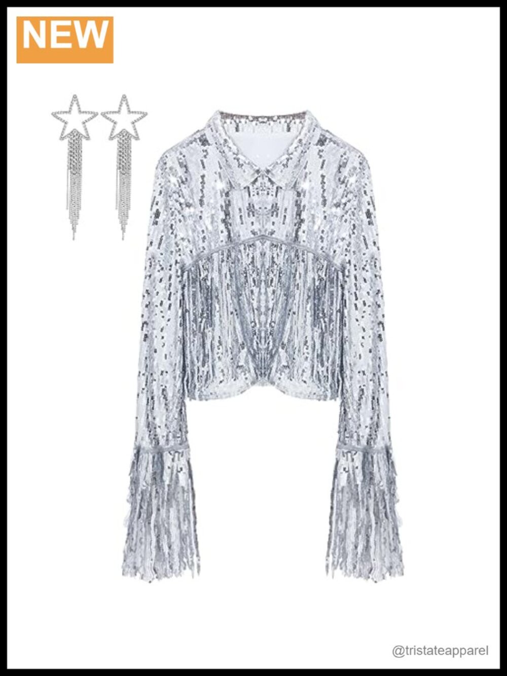 Sequin Fringe Jacket & Star Crystal Tassel Earrings Set